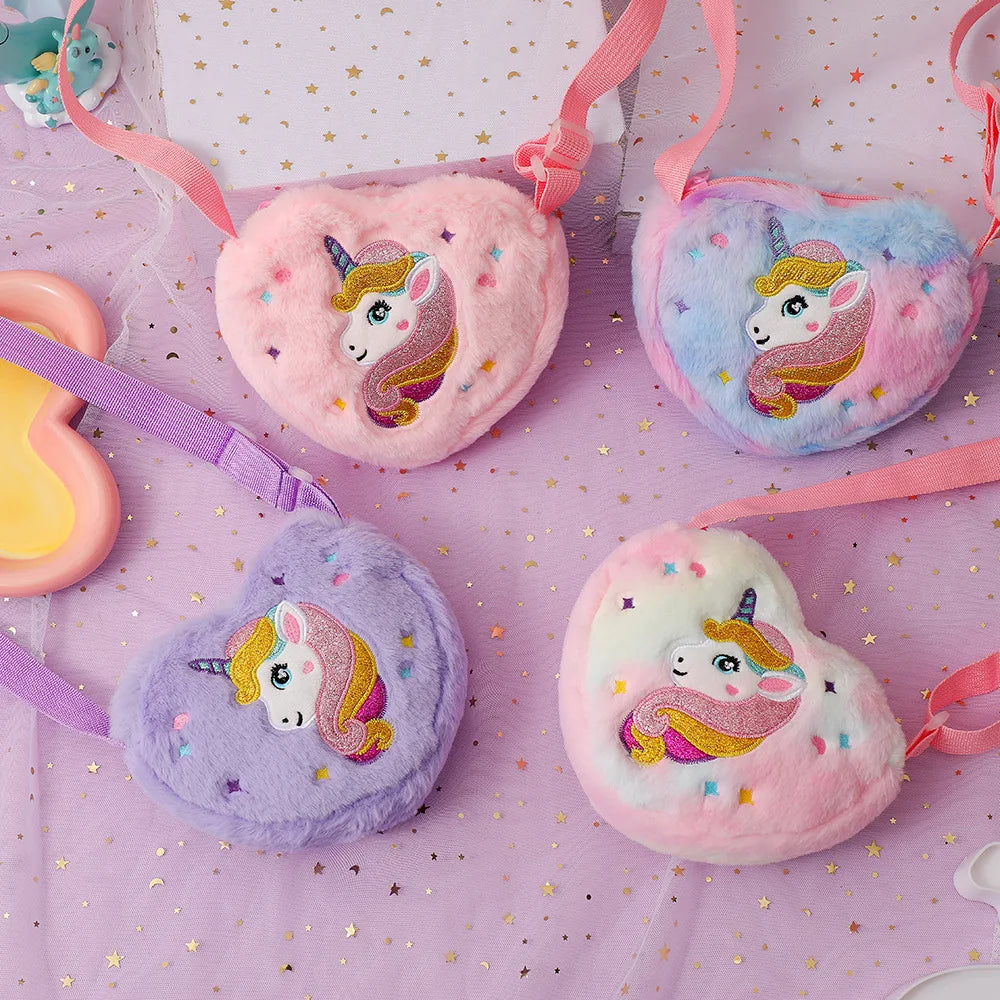 Heart shaped  Shoulder Bag Unicorn Cartoon Plush Love Crossbody Bag Kindergarten Girls' Candy Storage Bag