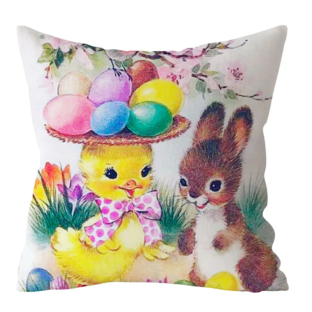 Spring Easter Home Decoration Cushion Cover Square Pillow Case Cartoon Rabbit  Egg Print
