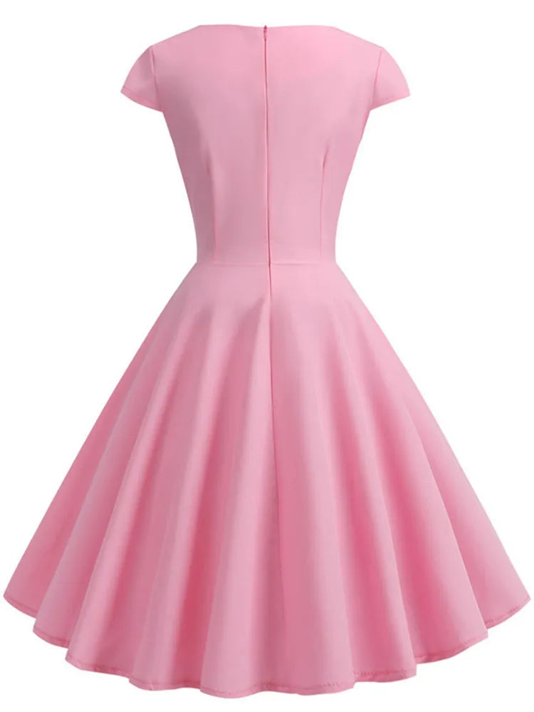 Summer Dress Women V Neck Vintage Robe Elegant Retro pin up Party Office Midi Dresses-Dollar Bargains Online Shopping Australia