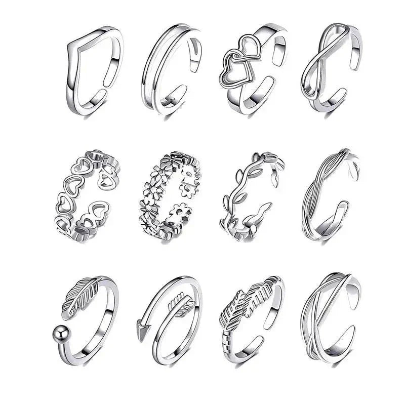 12pcs Adjustable Toe Rings For Women Girls Simple Beach Open Toe Set Cute Heart Feather Summer Toe Foot Jewelry-Dollar Bargains Online Shopping Australia