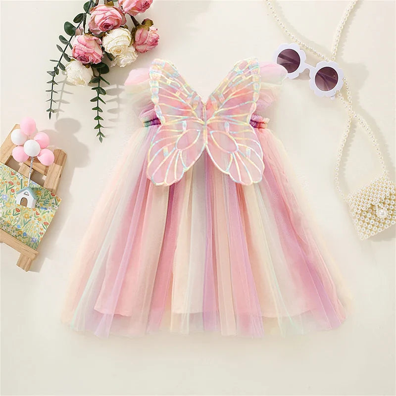 Butterfly Mesh Flying Sleeve Dress Girls Dresses Girls Summer Casual Wear Children's Clothes-Dollar Bargains Online Shopping Australia