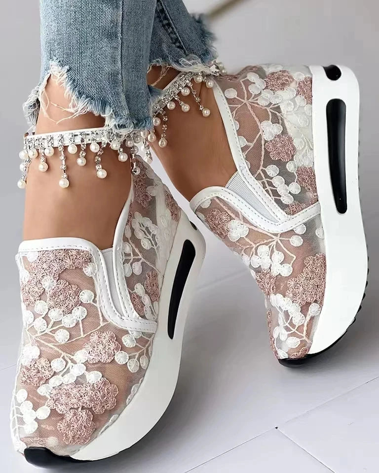 Women's Sneakers Floral Embroidery Mesh Sneakers for Women Slip on Casual Comfy Heeled Shoes Woman