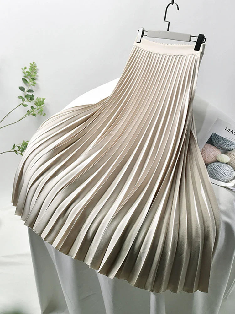 Women Spring Autumn Elegant Chic Solid Pleated Skirt High Waist Luxury Fashion With Elastic Female-Dollar Bargains Online Shopping Australia