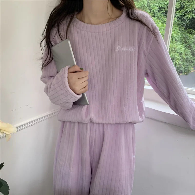Winter Warm Flannel Fleecing Women Pyjamas Sets Thick Coral Velvet Long Sleeve Cartoon Sleepwear 2pcs Flannel Pajamas Set-Dollar Bargains Online Shopping Australia