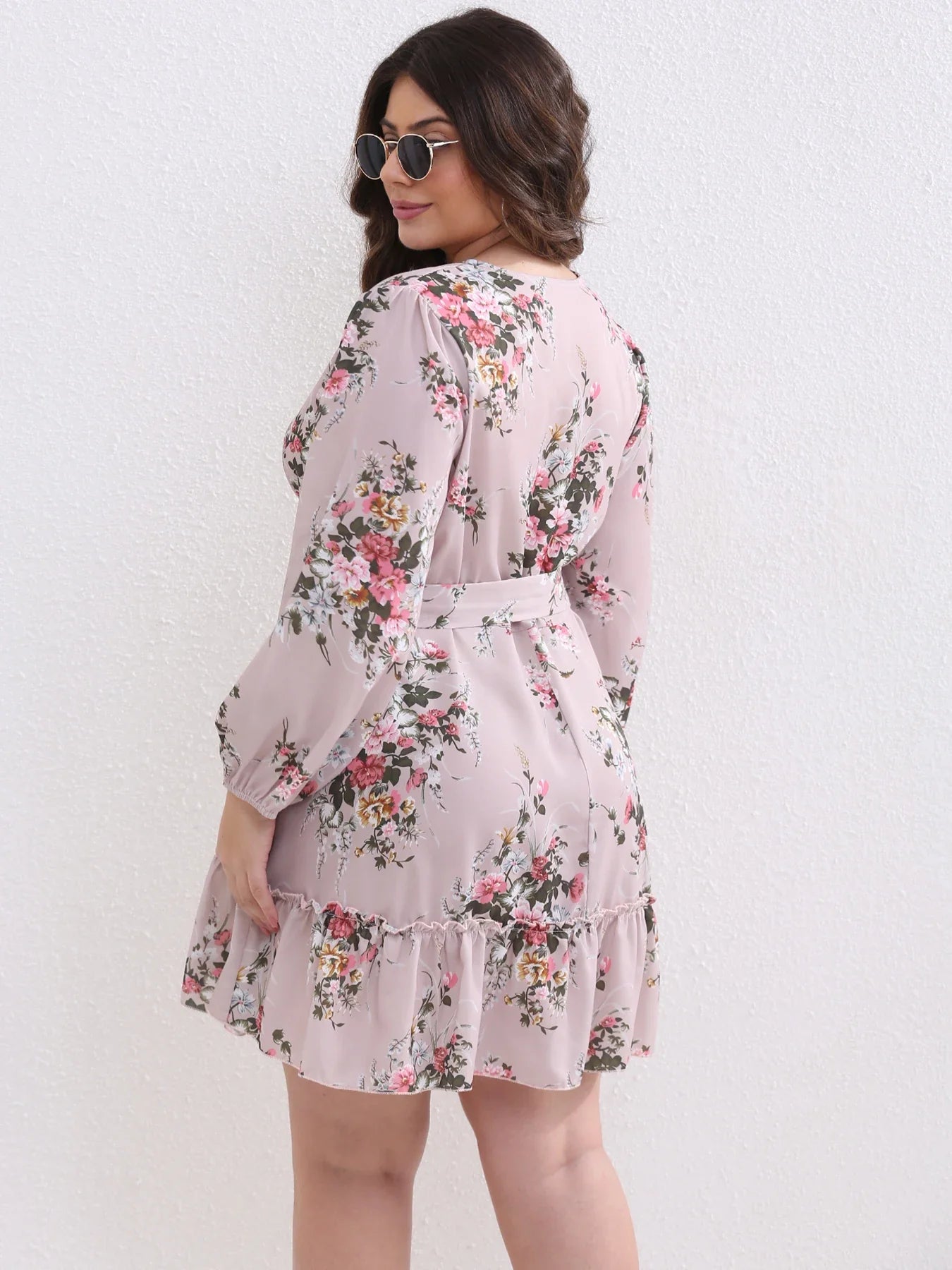 Plus Size Women Flower Print Chiffon Sexy V Neck Out Long Sleeve Dress Female Elegant Party Dresses-Dollar Bargains Online Shopping Australia