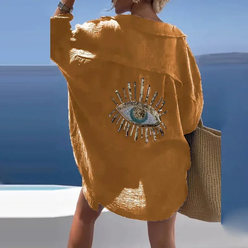 Evil Eye Casual Sequin Beaded Shirt Spring Geometric Eye Top Long Sleeve Loose Shirts Summer Turn-down Collar Button Long Blouse-Dollar Bargains Online Shopping Australia