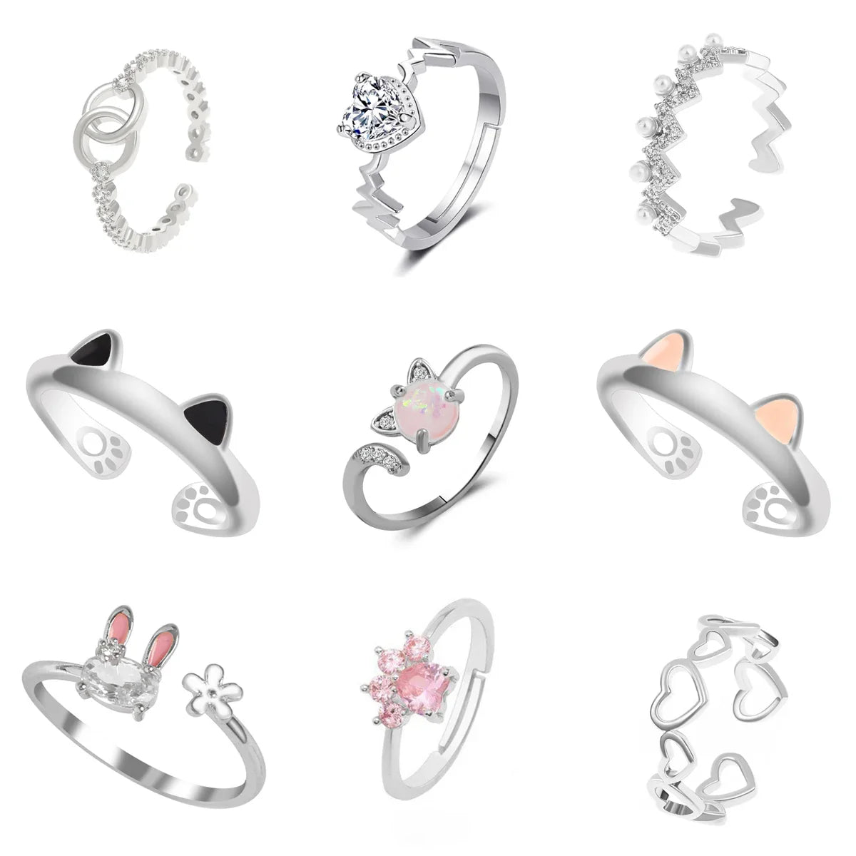 Cat Ear Finger Rings Open Cute Footprints Ring For Women Girl Pearl Hollow Geometric Gift Adjustable Fine Jewelry Accessories