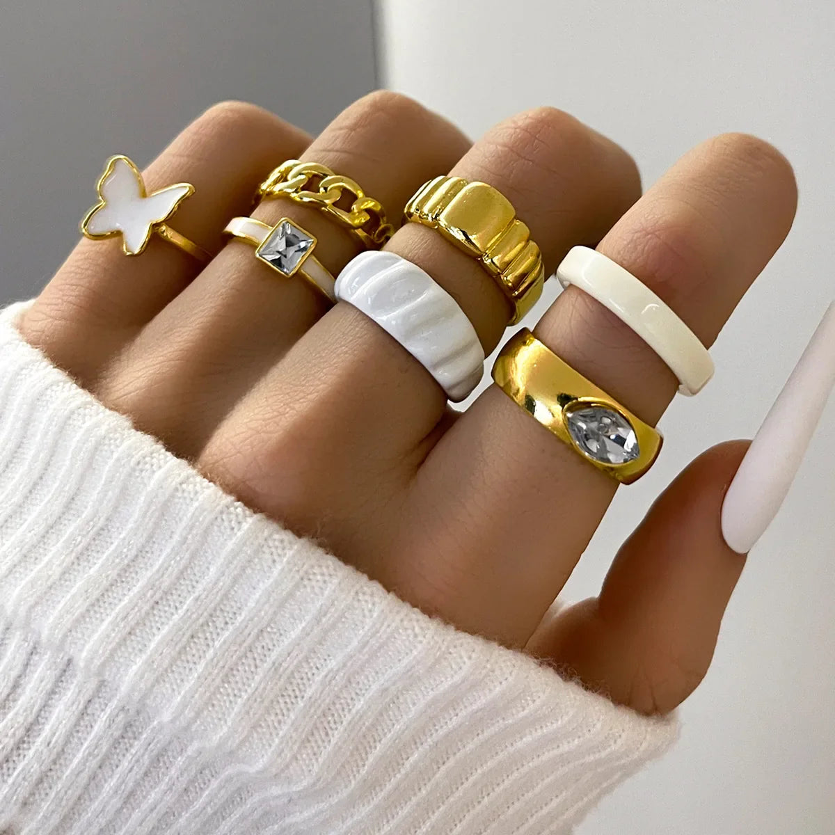 Pink Acrylic Butterfly Knuckle Ring Set For Women Crystal Enamel Mushroom Yin Yang Flower Rings Girls Fashion Jewelry-Dollar Bargains Online Shopping Australia