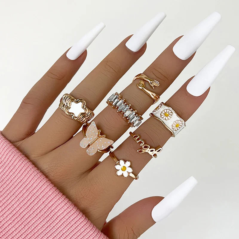 Pink Acrylic Butterfly Knuckle Ring Set For Women Crystal Enamel Mushroom Yin Yang Flower Rings Girls Fashion Jewelry-Dollar Bargains Online Shopping Australia