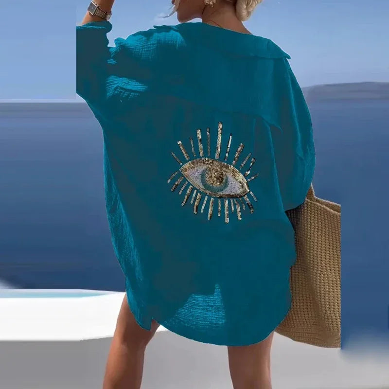 Evil Eye Casual Sequin Beaded Shirt Spring Geometric Eye Top Long Sleeve Loose Shirts Summer Turn-down Collar Button Long Blouse-Dollar Bargains Online Shopping Australia