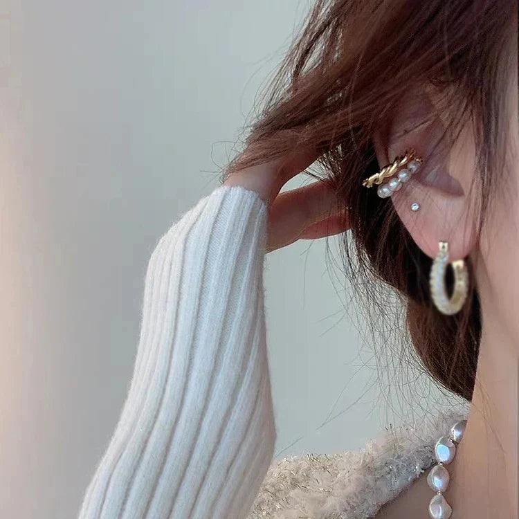 Double Circle Twist Pearl Ear Cuff Vintage Geometric Circle Earcuff Fake Piercing Pearls Clip on Earings-Dollar Bargains Online Shopping Australia