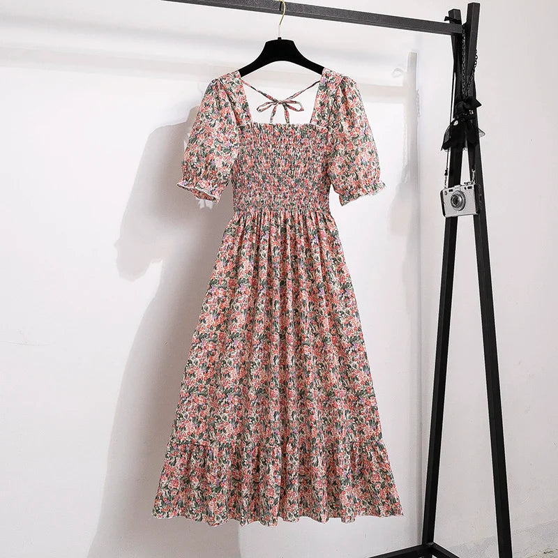 Chiffon Dresses Fashion Female Elastic Waist Short Sleeve Pleated Casual Dress Women A-line Dresses-Dollar Bargains Online Shopping Australia