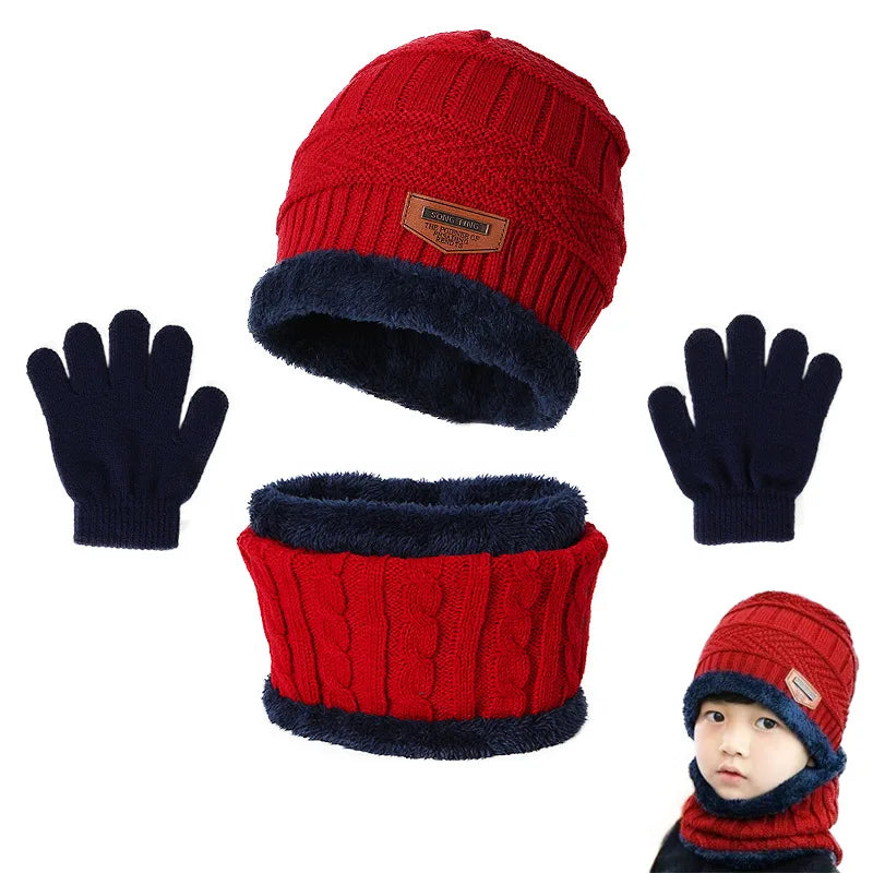 Winter Hat Scarf and Gloves Set Plush Warmer Children Knitted Hat Baby Boys Beanies Cap Neck Scarf Glove Suit For Kids Accessori-Dollar Bargains Online Shopping Australia