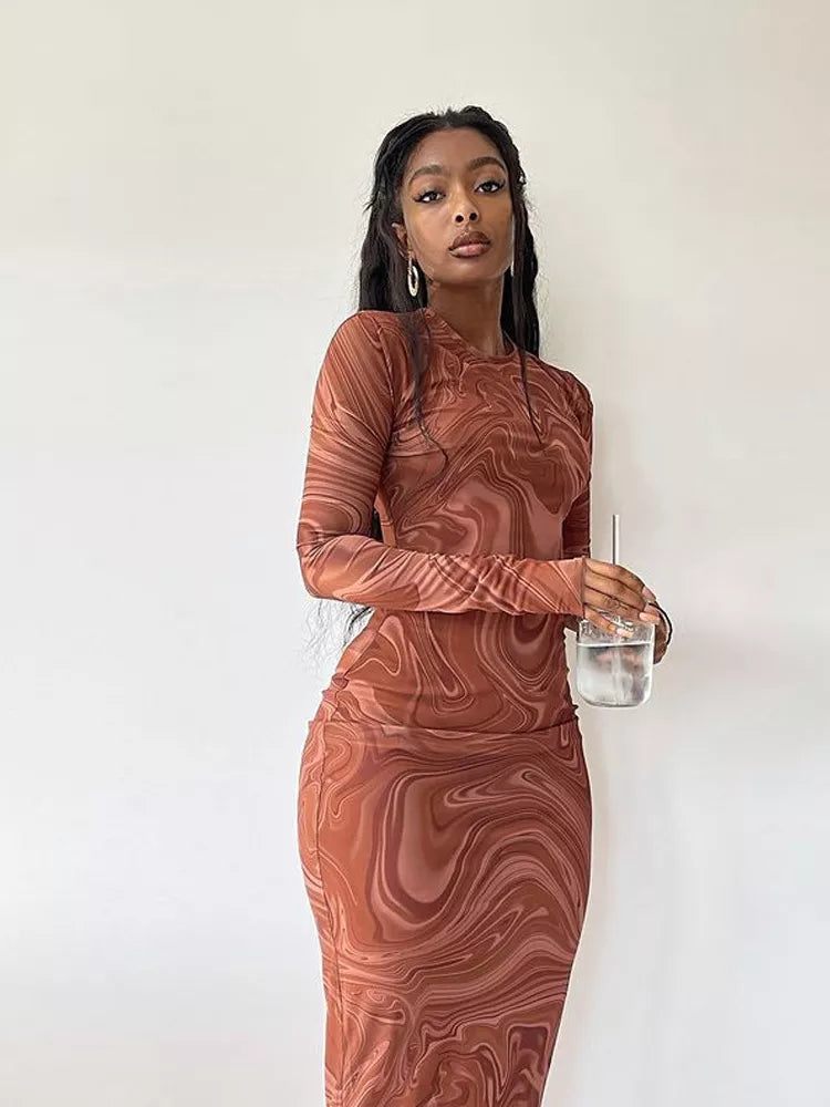 Long Sleeve Bodycon Dresses For Women Evening Party Clothes O-neck Mid Calf Sexy