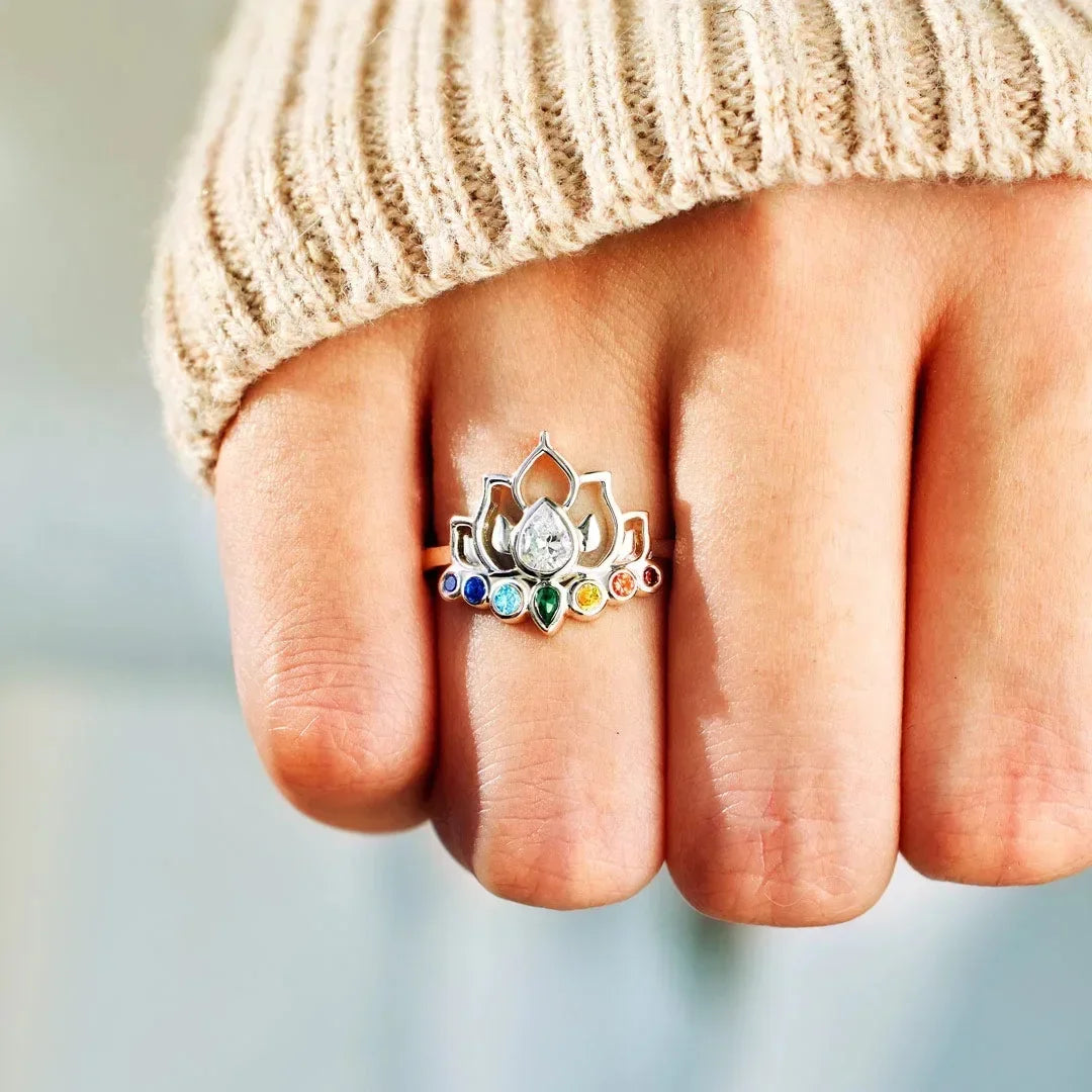 Lotus Flower Boho Colorful Yoga Rings 7 Chakras Rings for Women Healing Rainbow Crystals Amulet Jewelry Gifts