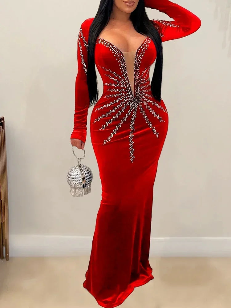 Elegant Diamonds Velvet Long Party Dress for Women Sexy Deep V Evening Gown Formal Black Slim Dress Robe-Dollar Bargains Online Shopping Australia