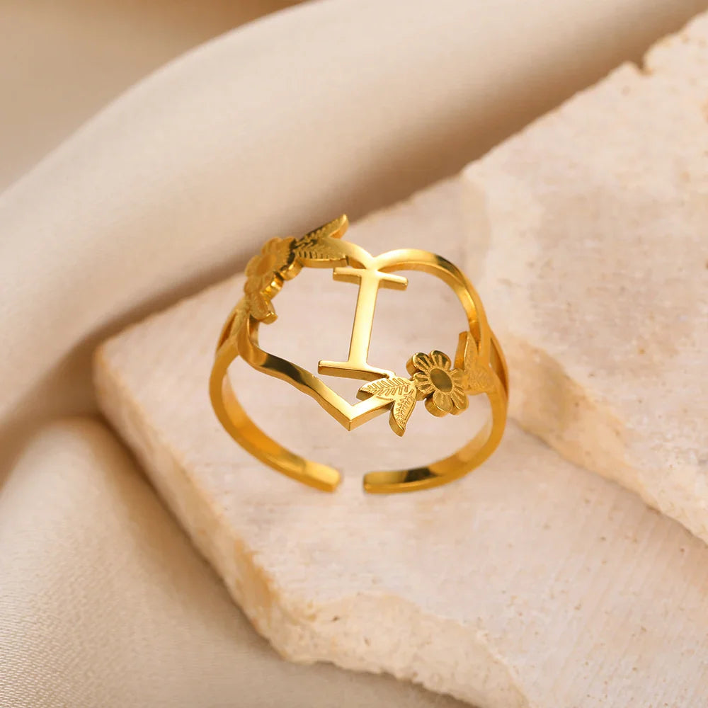 Stainless Steel Initials Flower Heart Rings Gold Color Adjustable Delicate Letter Leaf Rings For Women Girl Alphabet Jewelry-Dollar Bargains Online Shopping Australia