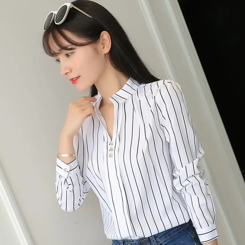 Women White Tops Women's Blouses Fashion Stripe Print Casual Long Sleeve Office Lady Work Shirts Female Slim-Dollar Bargains Online Shopping Australia