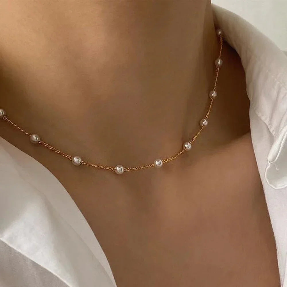 Beads Women's Neck Chain Kpop Pearl lace Gold Color Goth Choker Jewelry On The  Pendant