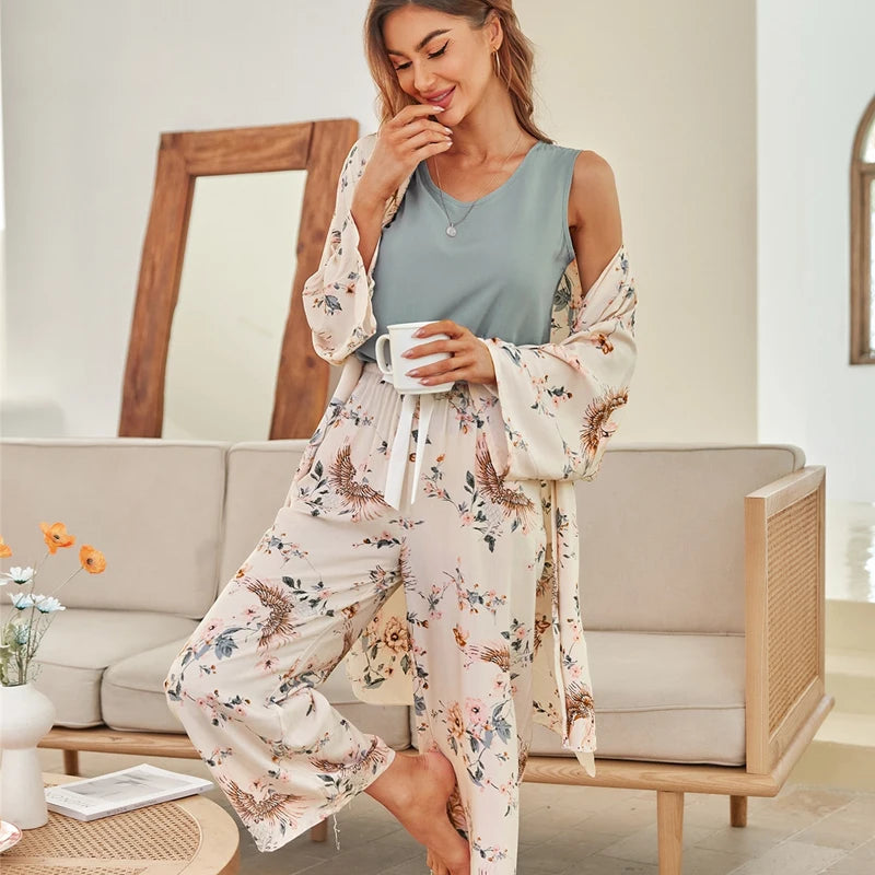 3 Pcs Women Pajamas Set Viscose Floral Printed Female Pyjama Loose Sleepwear Nightwear Spring Summer Lounge Wear