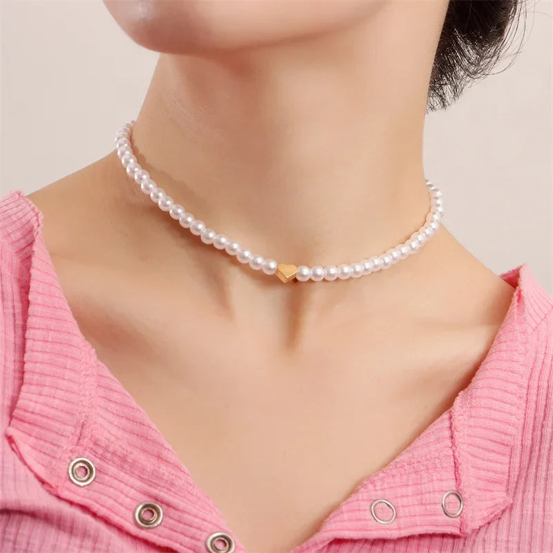 Shell Heart Imitation Pearls Necklace Women Handmade 6mm Stone Beaded Necklace For Women Jewelry Gift
