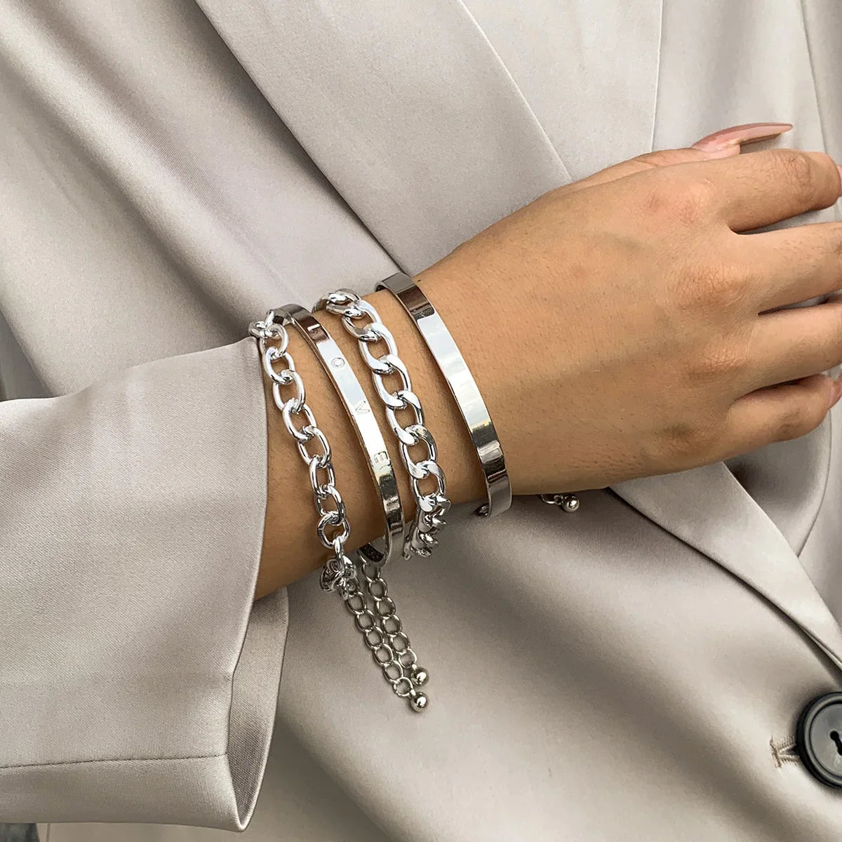 4pcs Punk Curb Cuban Chain Bracelets Set for Women Simple Thick Gold Color Charm Bracelets Fashion Jewelry Accessories New-Dollar Bargains Online Shopping Australia