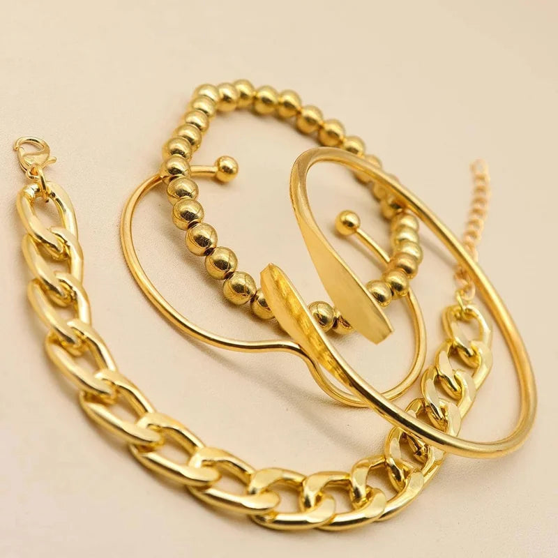 4pcs Punk Curb Cuban Chain Bracelets Set for Women Simple Thick Gold Color Charm Bracelets Fashion Jewelry Accessories New-Dollar Bargains Online Shopping Australia