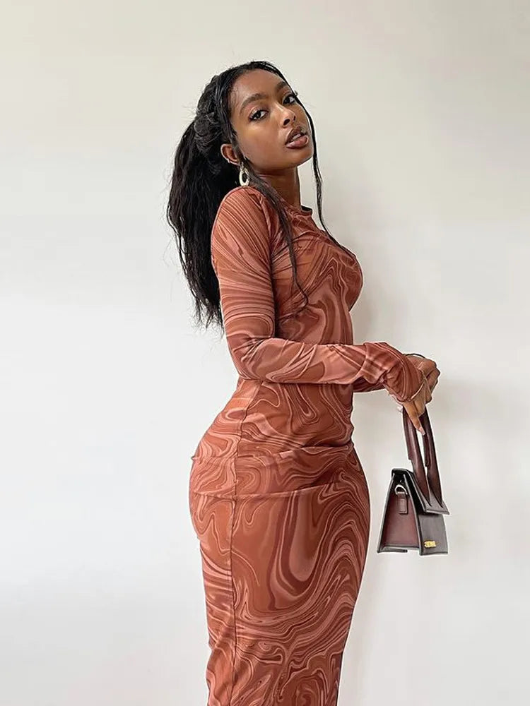 Long Sleeve Bodycon Dresses For Women Evening Party Clothes O-neck Mid Calf Sexy