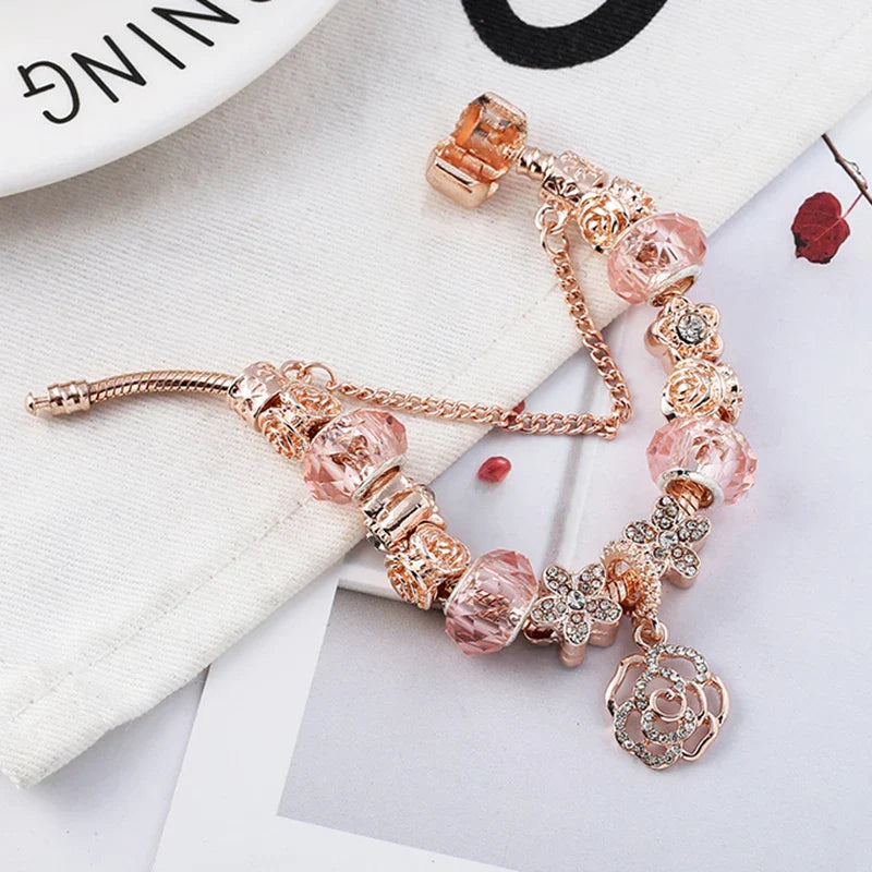 Silver Color Charm Bracelet For Women with Flower Pendant & Rose Gold Crystal Ball Fine Bracelet