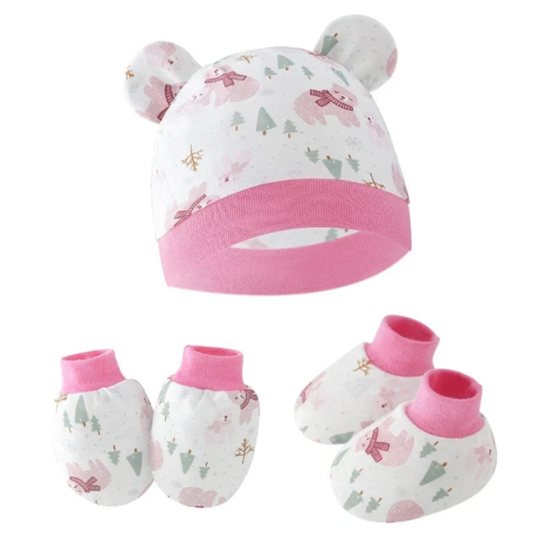 3pcs/set Cotton Newborn Cap with Anti Scratch Mittens and Foot Cover Infant Warm Headwear Baby Gloves with Socks Set-Dollar Bargains Online Shopping Australia