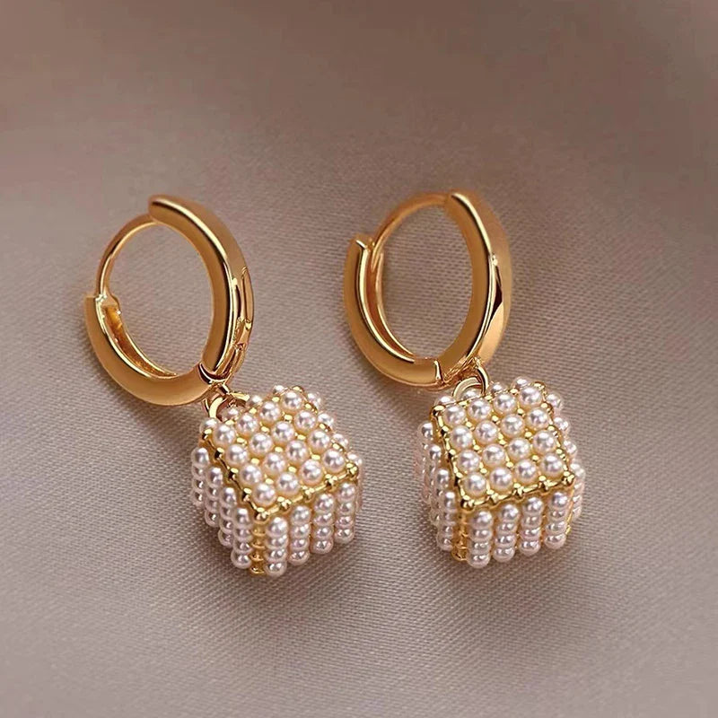 Premium Pearl Stereoscopic Square Pendant Earrings Eardrop party Girl’s Luxury