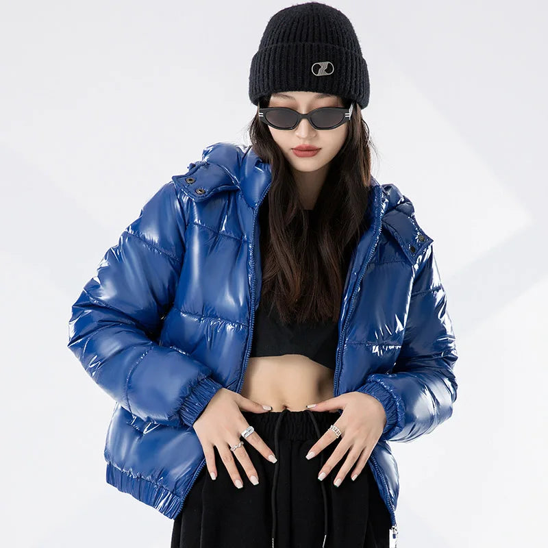 Women's Thickened Bread Jacket Short Loose Fitting Versatile Bright Casual Down Cotton Hooded Coat