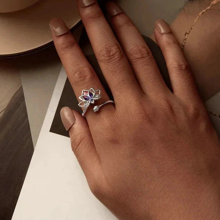 Sterling Silver Bi Color Lotus Flower Ring For Women Drop Purple pink Crystal Opening Rings Wedding Party Jewelry Gift