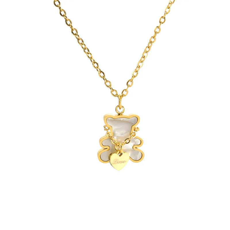 White Shell Cute Little Bear Peach Heart Stainless Steel Jewelry Set Necklace Earrings Bracelet or women-Dollar Bargains Online Shopping Australia