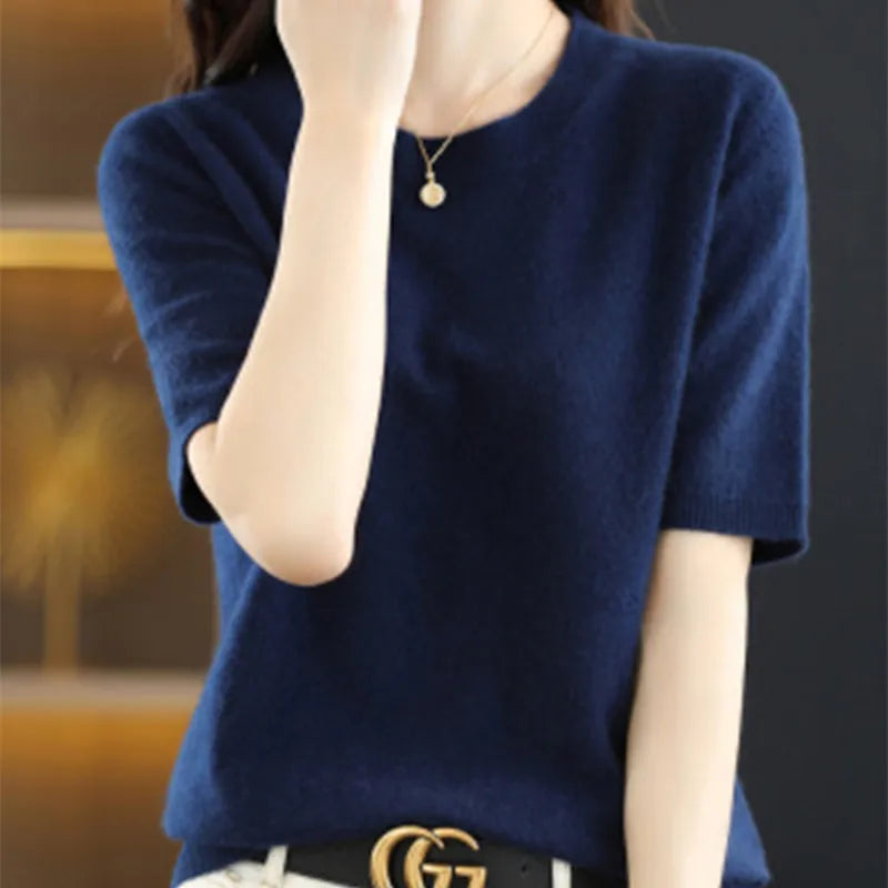 Spring and Summer New Short-sleeved Women O-neck Slim Wool Cotton Blend Pullover Vest T-shirt Knitted Base Sweater-Dollar Bargains Online Shopping Australia