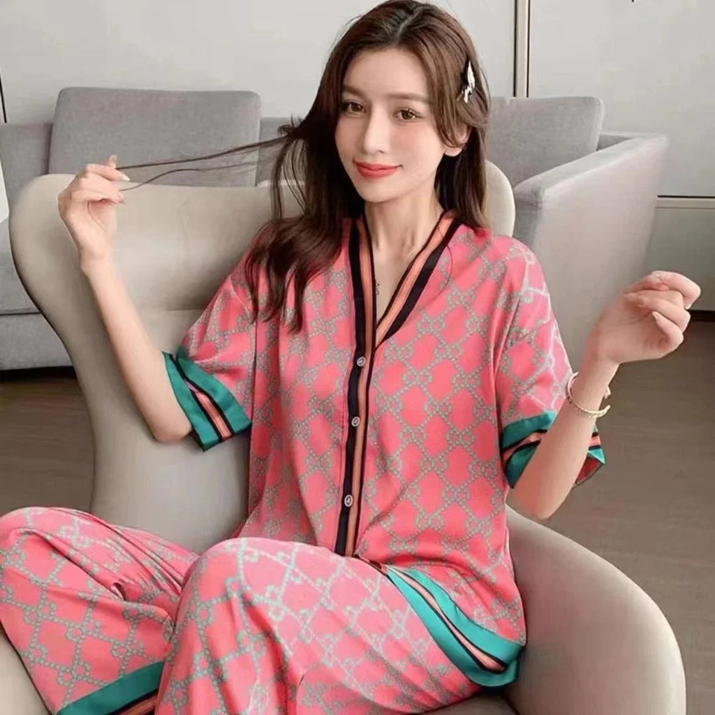 Long Sleeved Women Pajamas Set Ice Silk Printed Fashion Pyjamas-Dollar Bargains Online Shopping Australia