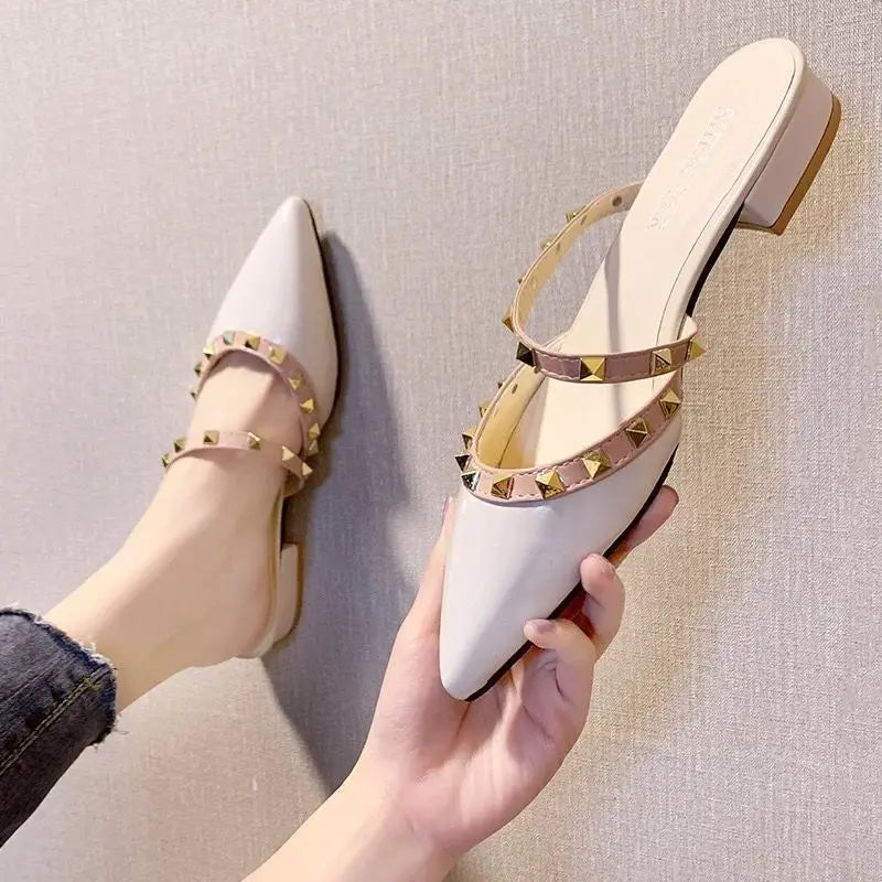 Women High Heels Slides  Sandals Rivets Fashion Pointed Thick Heel Toe Slides