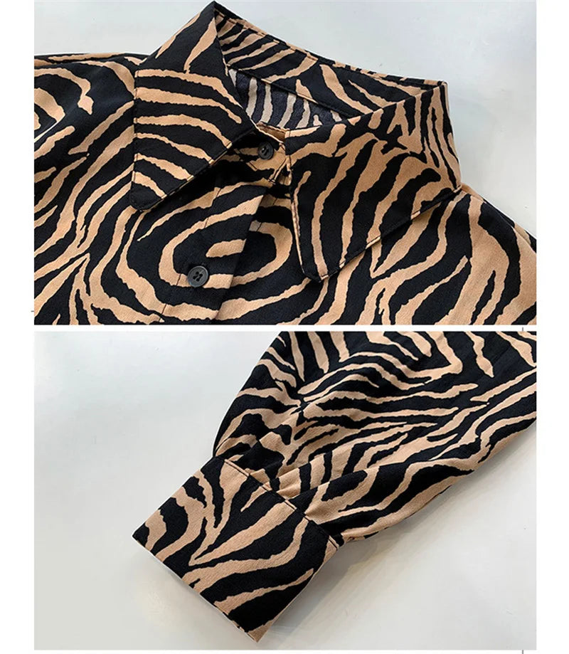 Vintage Womens Oversize Shirt Long Sleeve Loose Zebra Print Blouses Casual Streetwear Tops