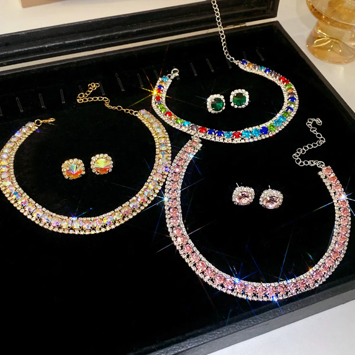 FYUAN Luxury Crystal Necklace Earrings Set Pink ABcolourful Necklace for Women Weddings Party Jewelry Sets Accessories-Dollar Bargains Online Shopping Australia