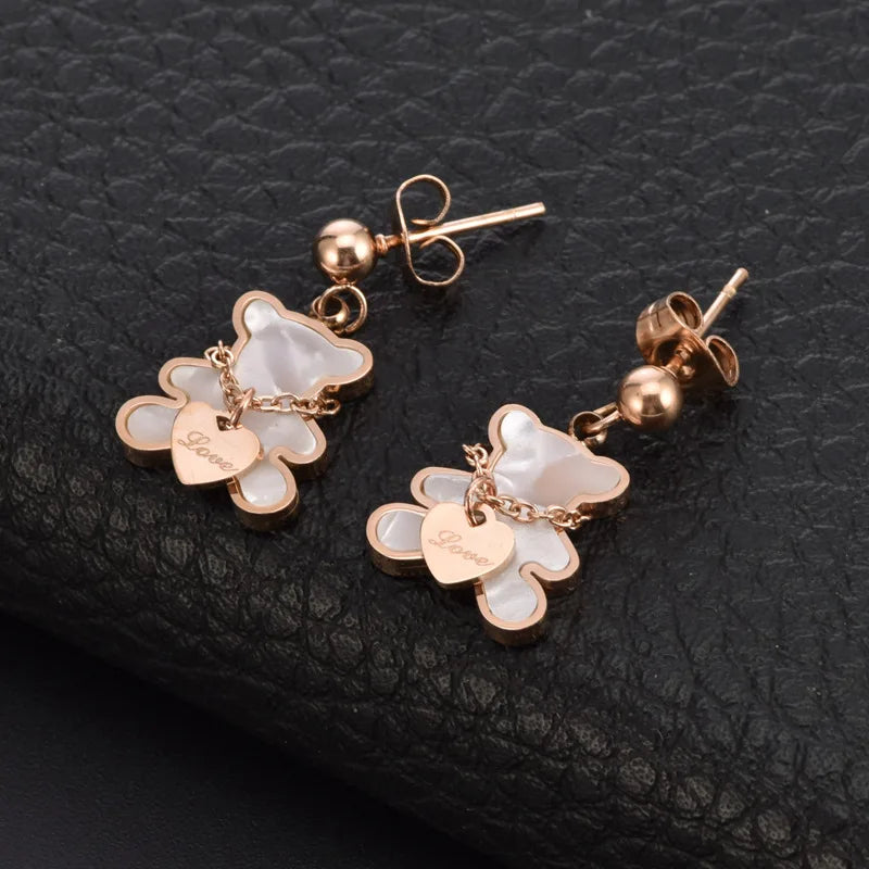 White Shell Cute Little Bear Peach Heart Stainless Steel Jewelry Set Necklace Earrings Bracelet or women-Dollar Bargains Online Shopping Australia
