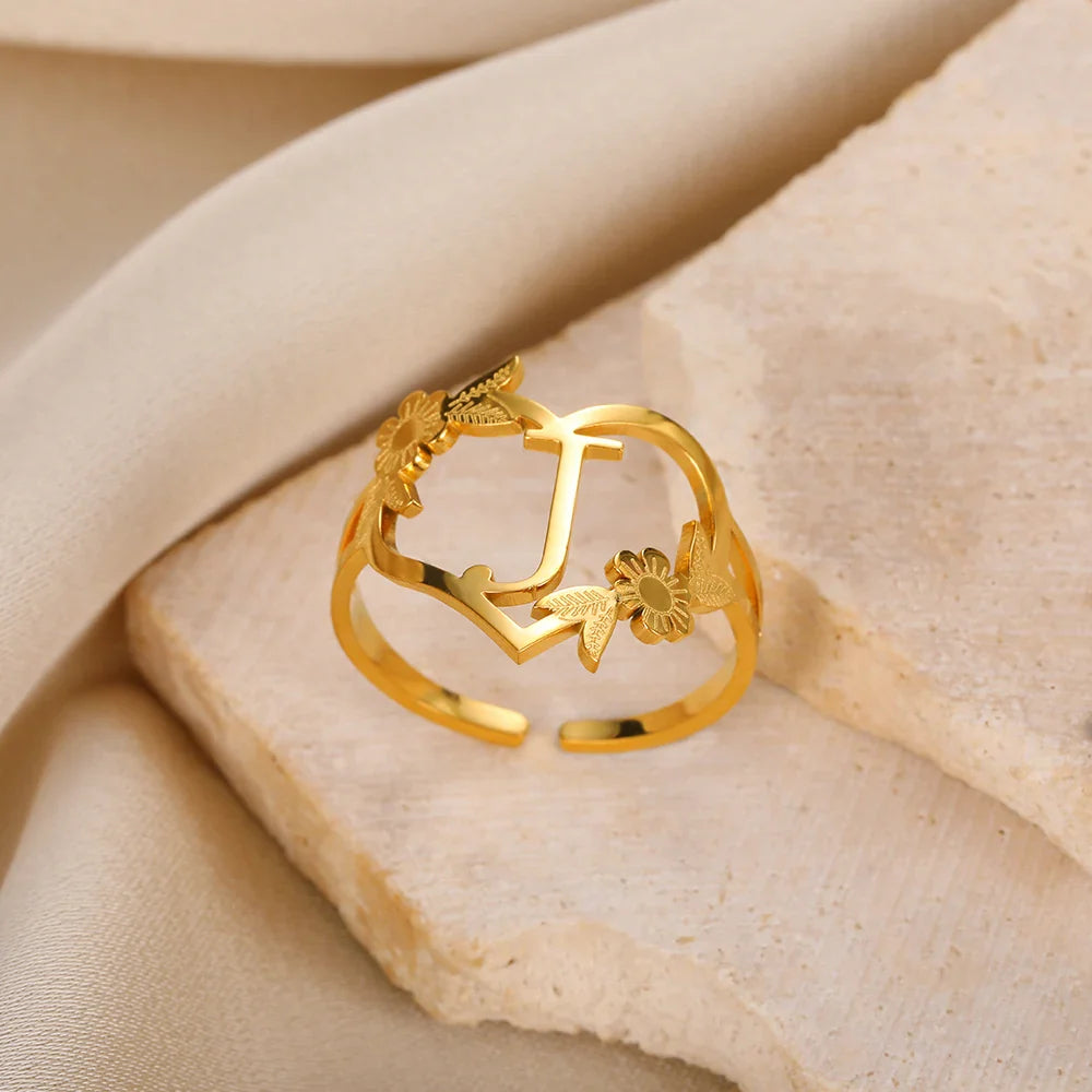 Stainless Steel Initials Flower Heart Rings Gold Color Adjustable Delicate Letter Leaf Rings For Women Girl Alphabet Jewelry-Dollar Bargains Online Shopping Australia