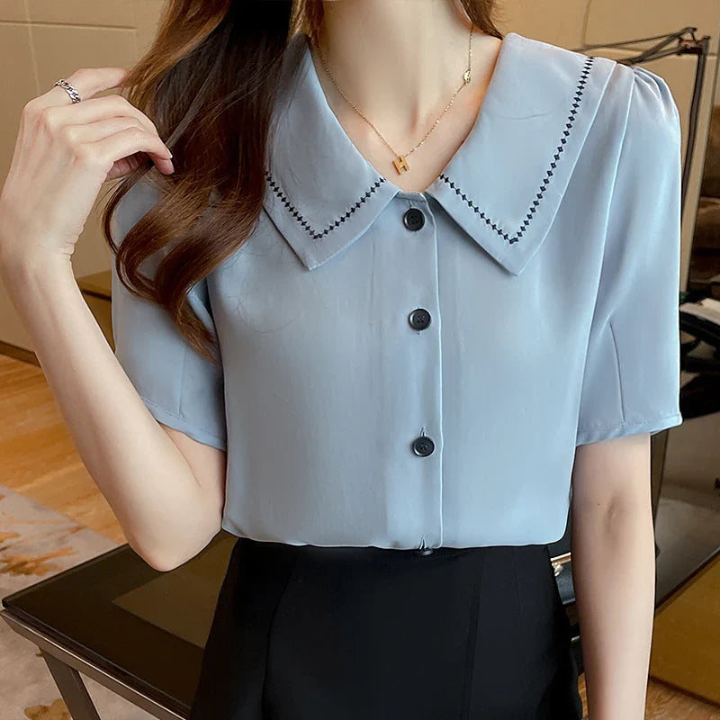 Blouses Tops Women Turn Down Collar Blouse Women White Blouse Short Sleeve Chiffon Blouse-Dollar Bargains Online Shopping Australia