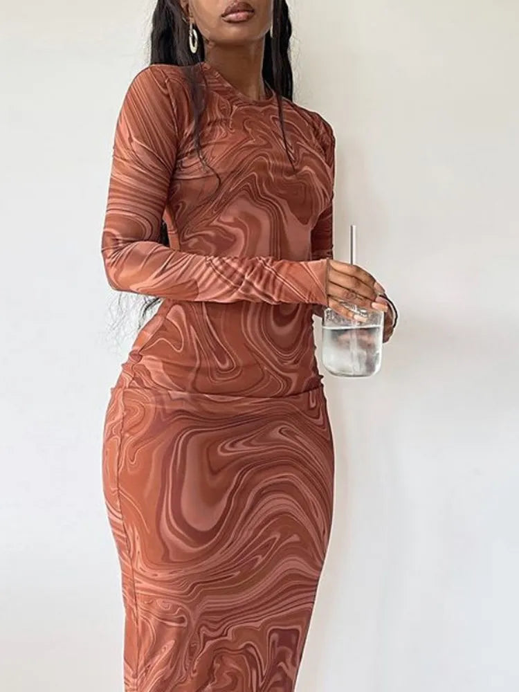Long Sleeve Bodycon Dresses For Women Evening Party Clothes O-neck Mid Calf Sexy