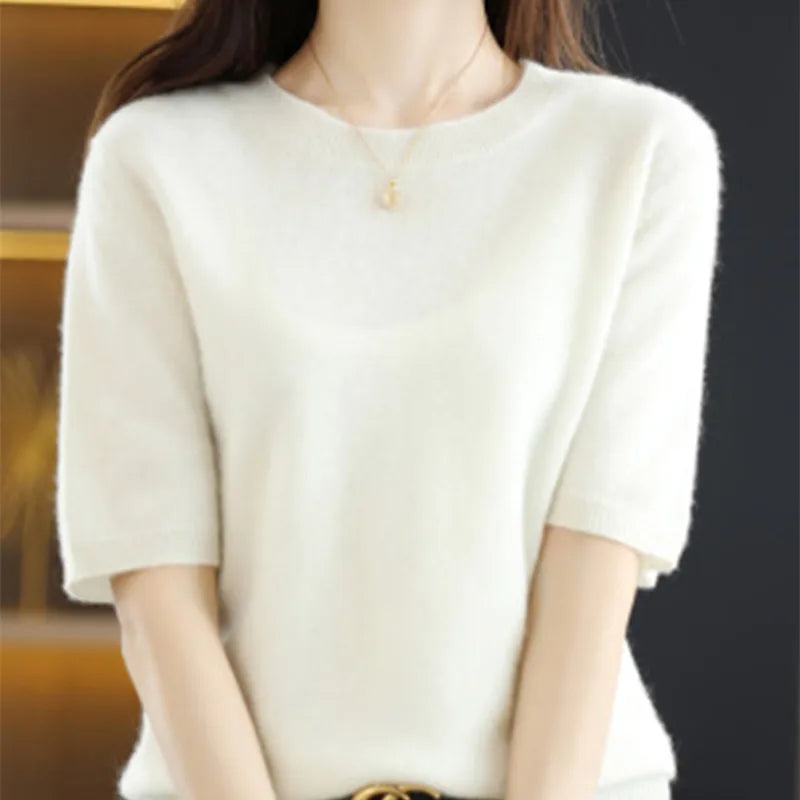 Spring and Summer New Short-sleeved Women O-neck Slim Wool Cotton Blend Pullover Vest T-shirt Knitted Base Sweater-Dollar Bargains Online Shopping Australia