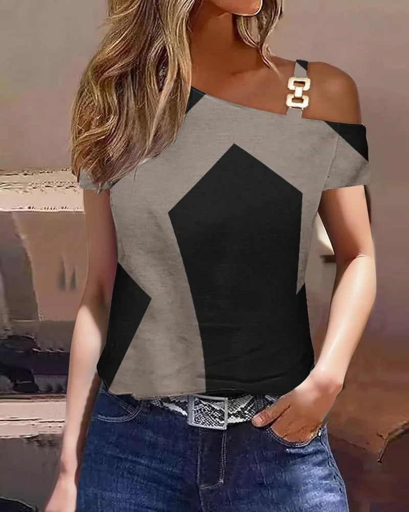 Women Summer Tops Fashion Sexy Lace Stitching Short Sleeve One Shoulder Buckle Loose Shirts Female-Dollar Bargains Online Shopping Australia