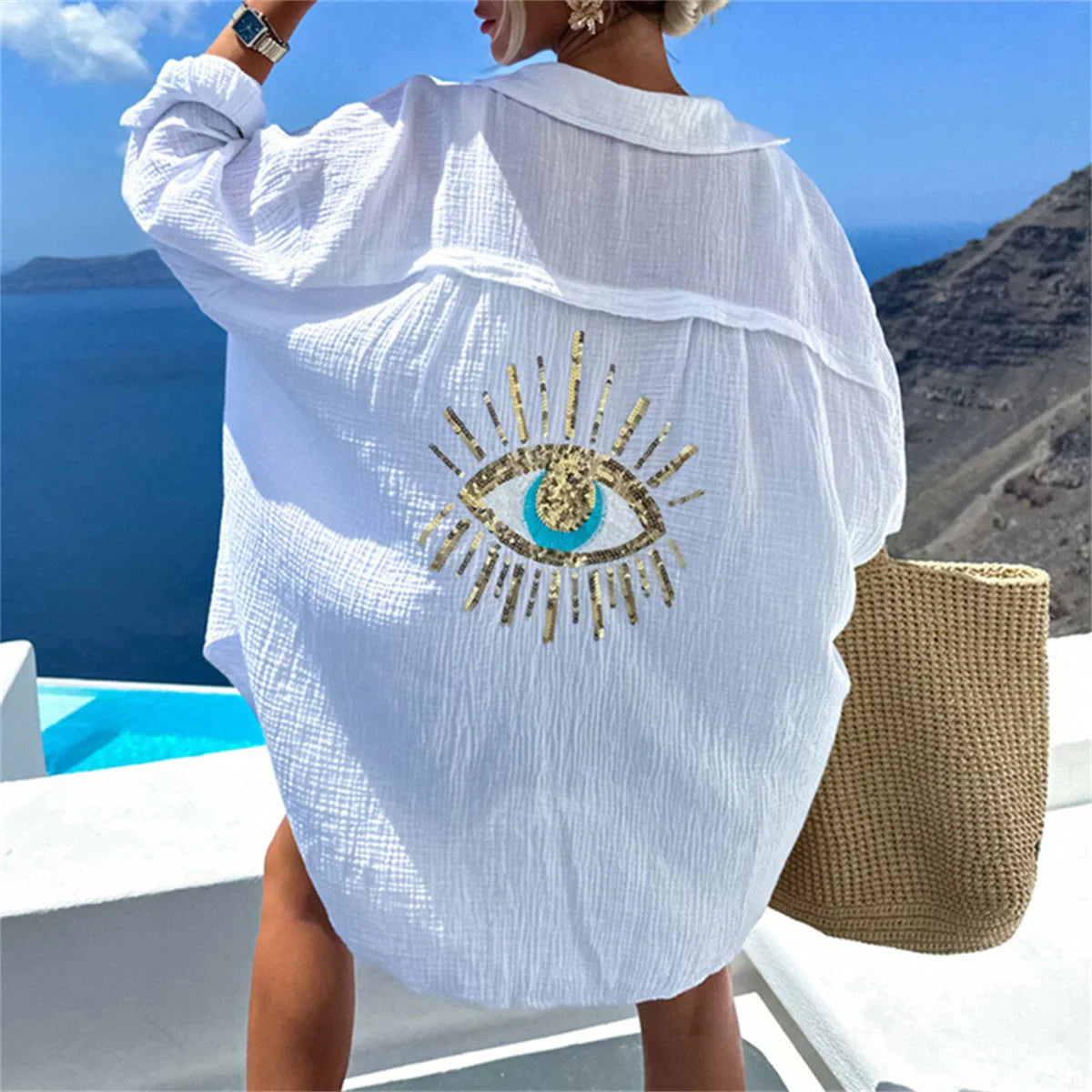 Women Casual Sequin Eye Shirt Dress Summer Fashion Beach Style Loose Button Sun Protection Cotton Linen Shirt Geometric Eye Tops-Dollar Bargains Online Shopping Australia
