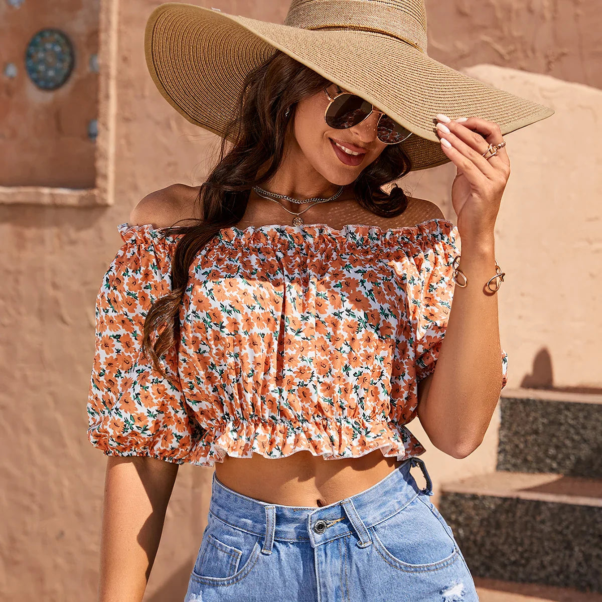 Floral Lantern Sleeve Casual Shirt Women Summer Vacation Elastic Off Shoulder Crop Tops Beach Style-Dollar Bargains Online Shopping Australia