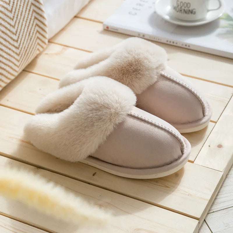 WinterFur Slippers Women Luxury Faux Suede Plush Couple Cotton Shoes Indoor Bedroom Flat Heels Fluffy Slippers-Dollar Bargains Online Shopping Australia