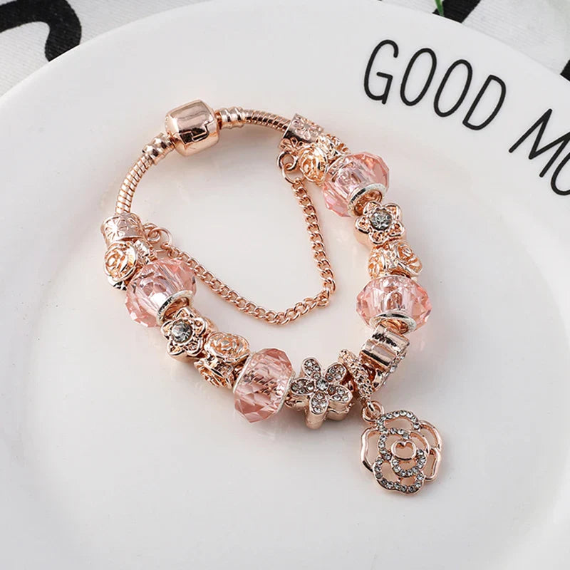 Silver Color Charm Bracelet For Women with Flower Pendant & Rose Gold Crystal Ball Fine Bracelet