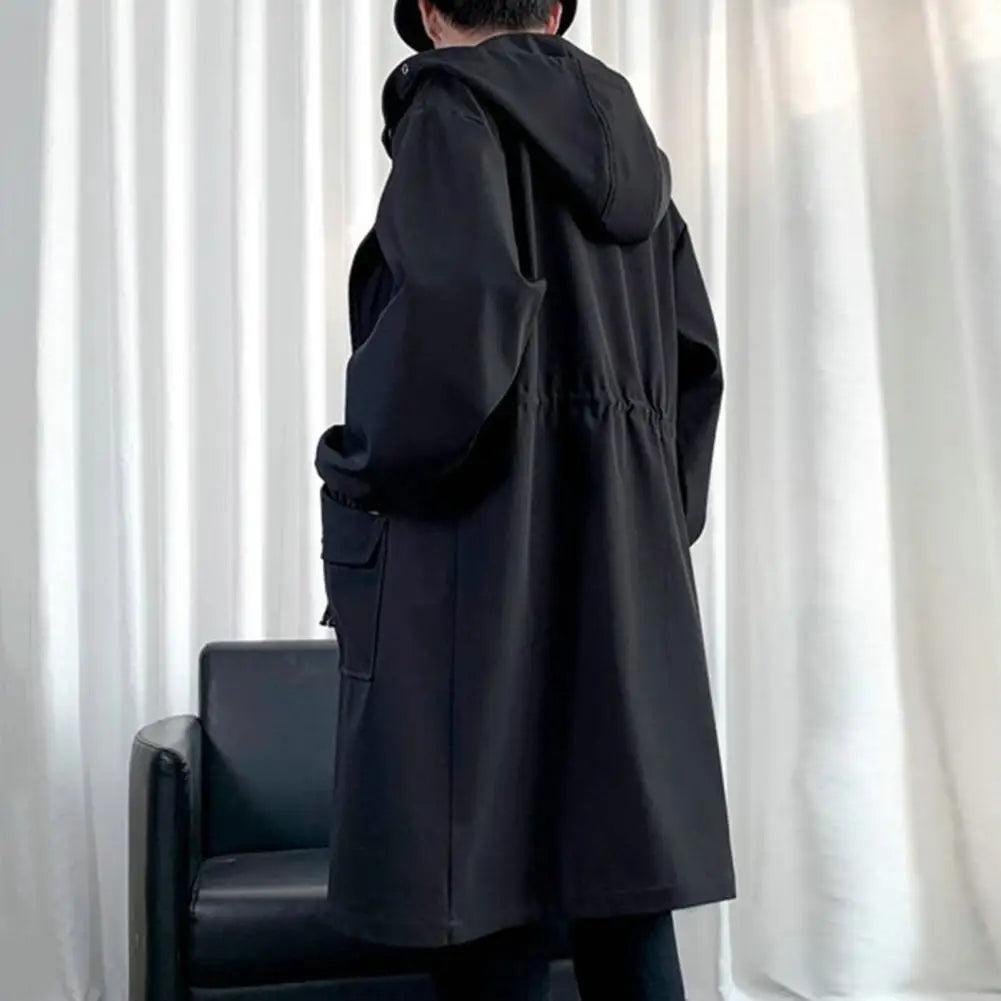 Men Trench Coat Loose Mid Length Big Pockets Hooded Jacket Windproof Zipper Closure Elastic Cuff Male Coat Men's Clothing